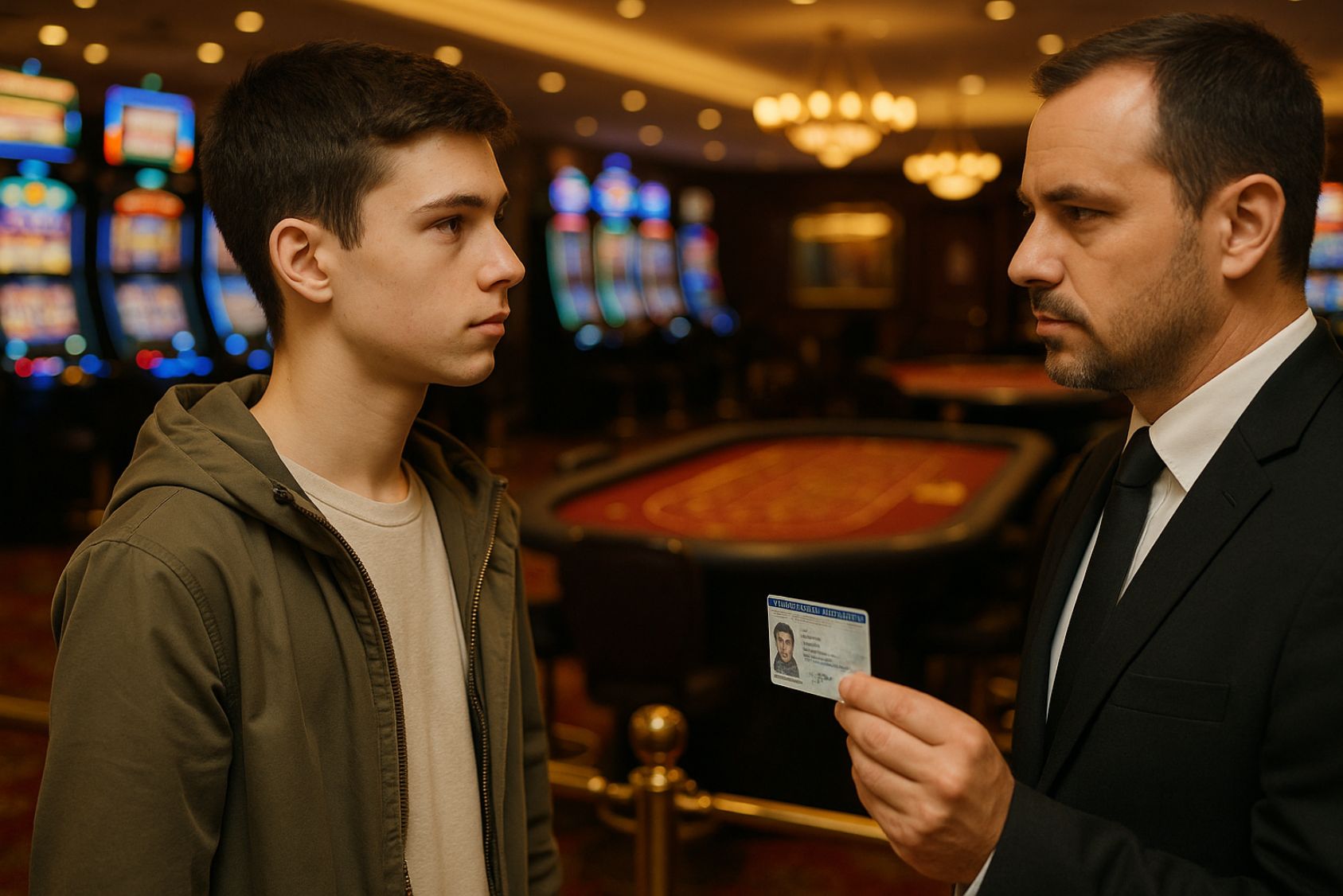 personne qui vérifie l'âge d'un jeune homme dans un casino